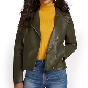 Dark Green Faux-leather Asymmetrical  Moto Jacket